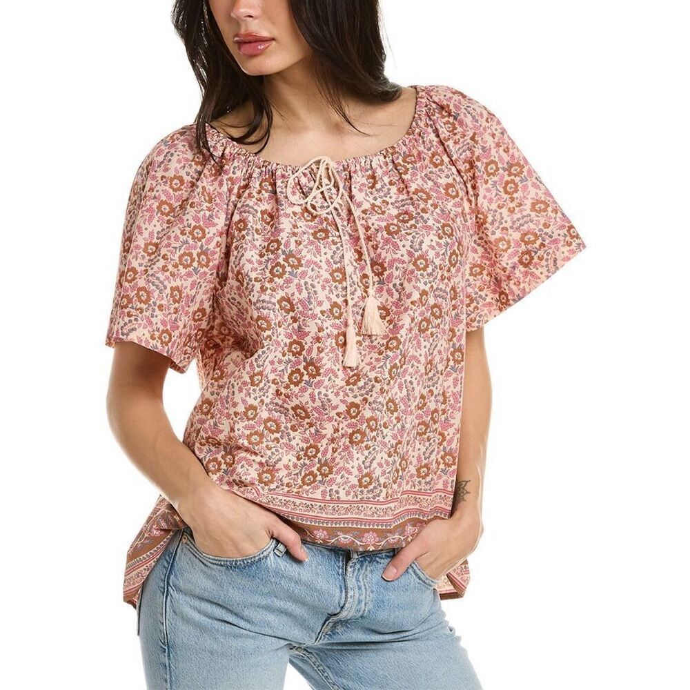 Faherty Womens Floral Tassel Tie Organic Cotton Florence Blouse Multi Small NWT
